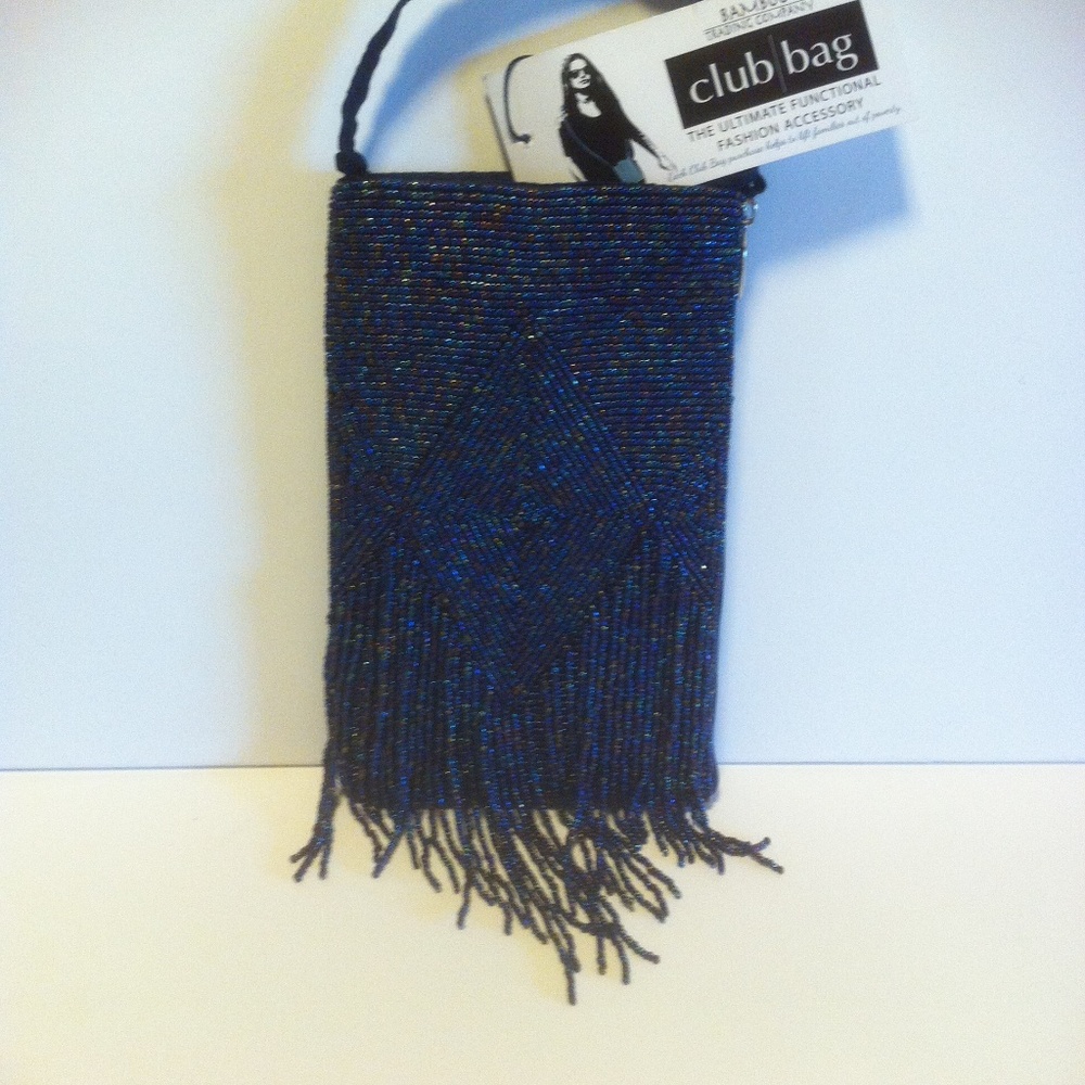 NWT BLUE AND BLACK BEADED CELL PHONE BAG